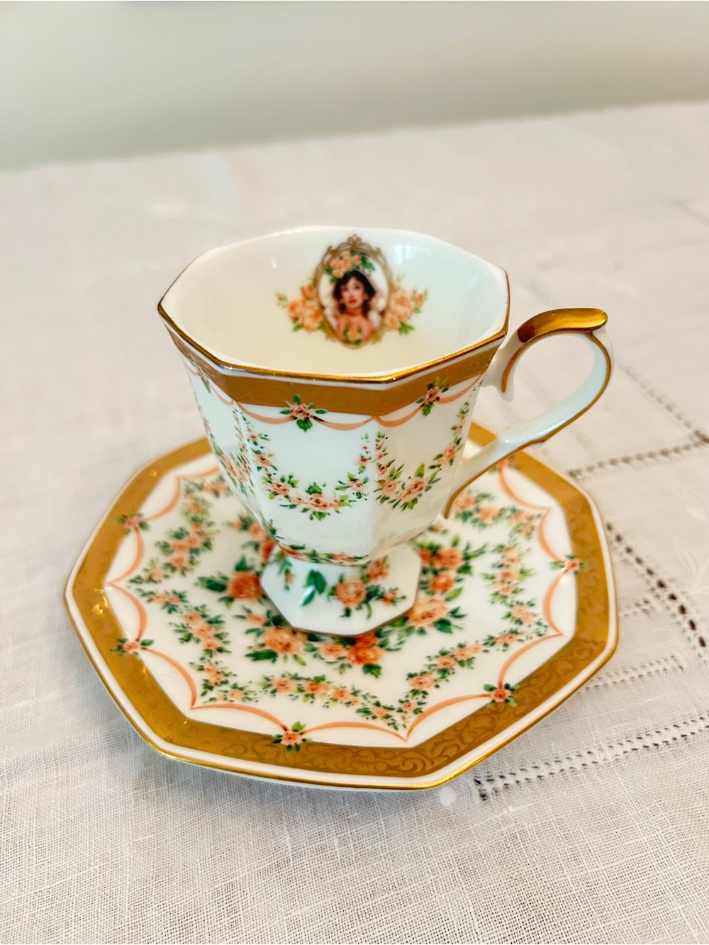 Vintage Avon Gold-Trim Floral Octagonal Demitasse Cup & Saucer